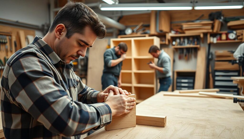 Skilled carpenters expertly wielding their tools, meticulously crafting intricate wooden structures. A well-lit workshop filled with the scent of freshly sanded lumber, the air humming with the rhythmic whir of power saws. In the foreground, a carpenter carefully aligns a dovetail joint, their brow furrowed in concentration. In the middle ground, two others collaborate, seamlessly assembling a sturdy shelving unit. The background reveals a tidy workspace, organized with an array of gleaming hand tools and neatly stacked materials, conveying a sense of professionalism and attention to detail. The overall scene exudes a palpable atmosphere of expertise, efficiency, and the pride of a job well done. Skilled carpenters expertly wielding their tools, meticulously crafting intricate wooden structures. A well-lit workshop filled with the scent of freshly sanded lumber, the air humming with the rhythmic whir of power saws. In the foreground, a carpenter carefully aligns a dovetail joint, their brow furrowed in concentration. In the middle ground, two others collaborate, seamlessly assembling a sturdy shelving unit. The background reveals a tidy workspace, organized with an array of gleaming hand tools and neatly stacked materials, conveying a sense of professionalism and attention to detail. The overall scene exudes a palpable atmosphere of expertise, efficiency, and the pride of a job well done.