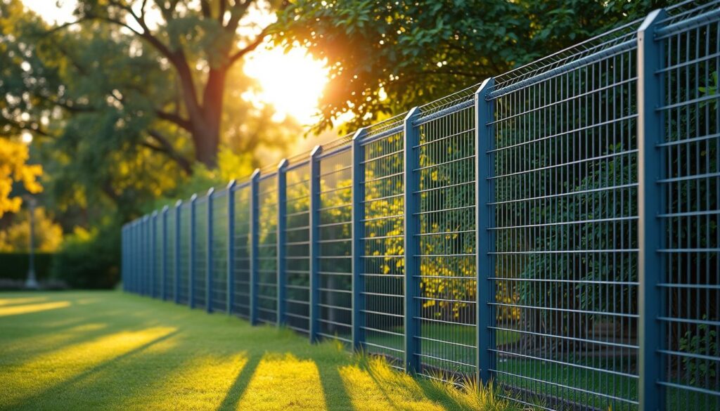 Sleek, modern electric fence installation in a lush, verdant Johannesburg setting. A well-manicured lawn leads the eye towards a neat, tidy fence line, its metallic gray posts and wiring standing in sharp contrast against the vibrant greenery. Soft, warm sunlight filters through the trees, casting a gentle glow and creating dynamic shadows that accentuate the fence's geometric lines. The overall scene conveys a sense of security, efficiency, and harmonious integration with the surrounding environment. Captured at a slight angle to showcase the fence's seamless, professional installation. Sleek, modern electric fence installation in a lush, verdant Johannesburg setting. A well-manicured lawn leads the eye towards a neat, tidy fence line, its metallic gray posts and wiring standing in sharp contrast against the vibrant greenery. Soft, warm sunlight filters through the trees, casting a gentle glow and creating dynamic shadows that accentuate the fence's geometric lines. The overall scene conveys a sense of security, efficiency, and harmonious integration with the surrounding environment. Captured at a slight angle to showcase the fence's seamless, professional installation.
