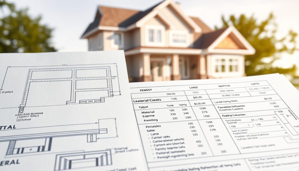Structural engineer assessment cost factors: a detailed blueprint-style diagram showcasing the key elements that influence the budget for structural alterations. In the foreground, precise schematics of load-bearing walls, foundation reinforcement, and beam calculations. In the middle ground, a breakdown of material costs, labor expenses, and permitting fees. In the background, an architectural rendering of a residential home, illuminated by soft, natural lighting to convey a sense of professionalism and expertise. The overall tone is informative and technical, guiding the viewer through the essential factors that shape the budget for structural changes.