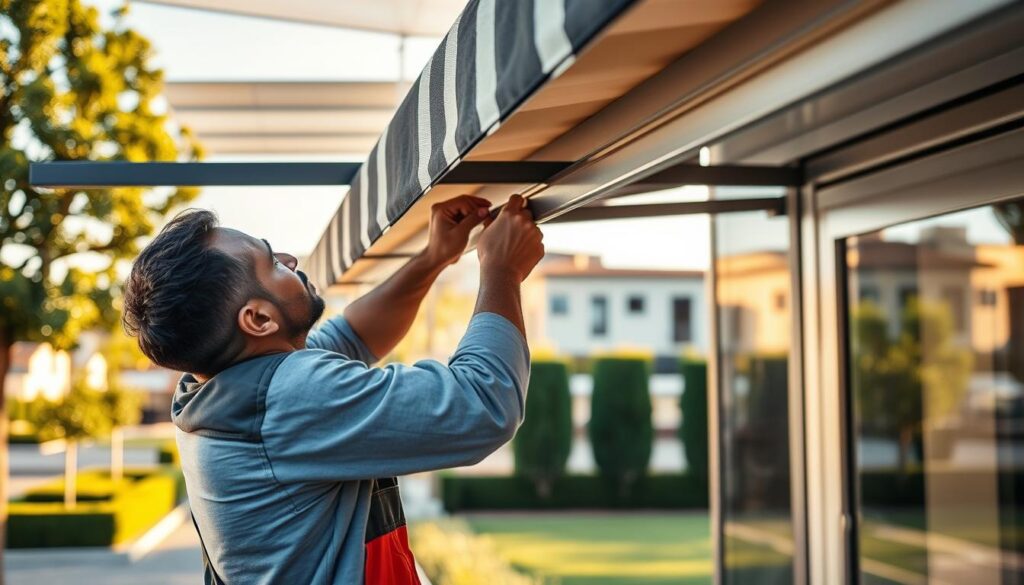 a close-up shot of a professional awning installation service technician working on the installation of a high-quality awning on the exterior of a modern commercial building in Gauteng, South Africa. The technician is carefully measuring and adjusting the awning, ensuring a precise and secure fit. The scene is bathed in warm, natural lighting, highlighting the quality of the materials and the expertise of the technician. The background features a well-manicured urban landscape, conveying a sense of a thriving, prosperous neighborhood. The overall impression is one of a reliable, premium awning installation service that delivers exceptional results for its Gauteng-based clients.