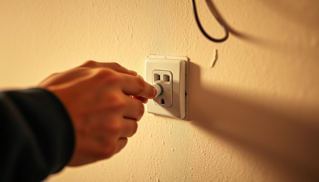 a detailed and realistic image of a professional electrical outlet installation in a residential home in Johannesburg, South Africa. the scene shows a close-up view of an electrician's hands installing a new electrical outlet into a wall, with the wall surface, electrical wiring, and other installation tools visible in the background. the lighting is warm and natural, creating a sense of precision and expertise. the overall composition and perspective convey the technical process and labor involved in a professional electrical outlet installation.