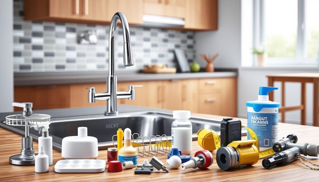 a detailed and realistic rendering of a kitchen sink fitting, showcasing various price-influencing factors. The scene depicts a stainless steel sink with a chrome faucet, set against a tiled backsplash. In the foreground, a range of accessories such as a soap dispenser, dish rack, and cleaning supplies are arranged, highlighting the components that contribute to the overall cost. The middle ground features a tape measure, plumbing supplies, and tools, emphasizing the labor and installation requirements. The background depicts a minimalist kitchen interior, with wooden cabinets and a window letting in soft, diffused lighting, creating a warm and inviting atmosphere. The composition conveys a sense of functionality and attention to detail, reflecting the important factors that shape the pricing of a kitchen sink fitting in South Africa.