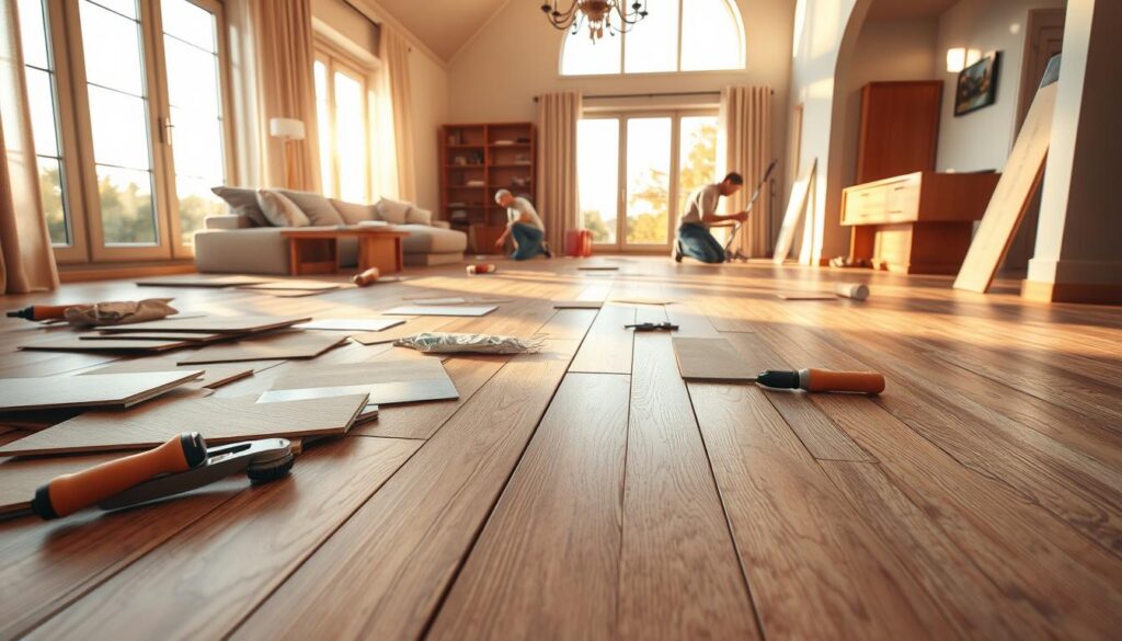 a detailed, hyper-realistic rendering of a living room undergoing a floor renovation in South Africa, viewed from a low-angle perspective that emphasizes the various flooring materials and installation process. The scene shows hardwood planks, ceramic tiles, and laminate flooring samples strewn across the floor, along with tools such as a tile cutter, trowel, and grout float. Contractors can be seen in the background, kneeling and working on the new flooring. Warm, natural lighting filters in through large windows, casting shadows and highlights that accentuate the textures and colors of the materials. The overall mood is one of a work-in-progress, capturing the key factors that influence the cost of a floor renovation project in South Africa.