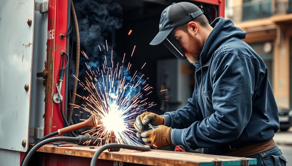 a detailed, photorealistic scene of a mobile welding service in Gauteng, South Africa. In the foreground, a welder in protective gear is operating a portable welding unit, flames and sparks visible. In the middle ground, a well-equipped welding truck with company branding is parked, surrounded by various metal fabrication tools and equipment. The background features a blend of modern city skyline and industrial warehouse buildings, conveying an urban, commercial setting. The lighting is warm and natural, with some directional shadows to enhance the sense of depth. The overall mood is one of professional expertise and on-site capability for mobile welding services in the Gauteng region.