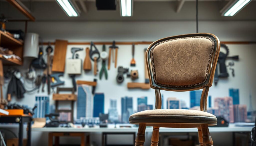 a detailed, realistic chair in the foreground, showcasing its structure, materials, and intricate repair work, set against a middle ground of a well-lit repair workshop with various tools and equipment, and a background featuring the skyline of Johannesburg, Sandton, and Pretoria, capturing the essence of the comprehensive furniture repair services available across Gauteng, South Africa.