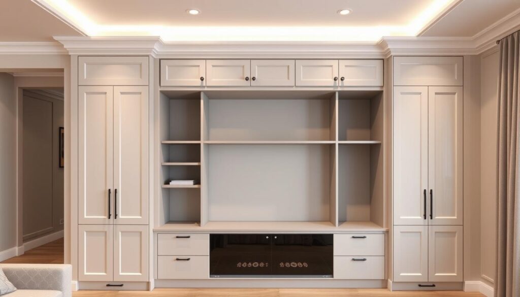 a highly detailed, photorealistic image of a built-in cabinet installation in a modern Gauteng home interior. The cabinet is positioned against a light-colored wall, with clean lines and a sleek, minimalist design. The cabinet features a mix of open shelving and closed storage compartments, with a subtle gray or neutral color palette. The lighting is soft and diffused, creating a warm and inviting atmosphere. The image showcases the craftsmanship and attention to detail in the cabinet installation, highlighting the high-quality materials and precise workmanship. The overall composition emphasizes the seamless integration of the built-in cabinet into the room's design, showcasing its functionality and aesthetic appeal. a highly detailed, photorealistic image of a built-in cabinet installation in a modern Gauteng home interior. The cabinet is positioned against a light-colored wall, with clean lines and a sleek, minimalist design. The cabinet features a mix of open shelving and closed storage compartments, with a subtle gray or neutral color palette. The lighting is soft and diffused, creating a warm and inviting atmosphere. The image showcases the craftsmanship and attention to detail in the cabinet installation, highlighting the high-quality materials and precise workmanship. The overall composition emphasizes the seamless integration of the built-in cabinet into the room's design, showcasing its functionality and aesthetic appeal.