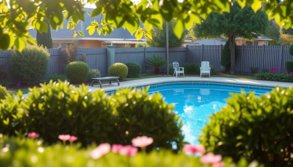 a photo of a swimming pool surrounded by lush, verdant landscaping, with a focus on the various factors that contribute to pool cleaning costs in South Africa. The image should be captured with a wide-angle lens to showcase the scene in its entirety, with the pool as the central focal point. The lighting should be natural, with soft, diffused sunlight filtering through the trees and creating a warm, inviting atmosphere. The foreground should feature neatly trimmed bushes and flowers, while the middle ground showcases the pool's surface, including any debris or leaves that may have accumulated. The background should depict a typical South African suburban setting, with homes, fences, and other elements that contribute to the overall context. The image should convey a sense of serenity and attention to detail, reflecting the importance of proper pool maintenance and its impact on the overall costs.