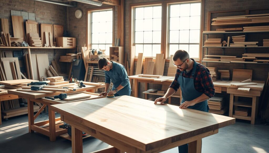 a professional carpentry workshop, well-lit by natural sunlight streaming through large windows, showcasing a variety of woodworking tools and materials neatly organized on workbenches. In the foreground, a skilled carpenter meticulously sanding a wooden table top, while in the middle ground, another carpenter carefully measures and cuts a piece of lumber. In the background, shelves display an assortment of finished wood products, including cabinets, shelves, and other custom carpentry pieces. The overall atmosphere conveys a sense of expertise, precision, and dedication to high-quality craftsmanship. a professional carpentry workshop, well-lit by natural sunlight streaming through large windows, showcasing a variety of woodworking tools and materials neatly organized on workbenches. In the foreground, a skilled carpenter meticulously sanding a wooden table top, while in the middle ground, another carpenter carefully measures and cuts a piece of lumber. In the background, shelves display an assortment of finished wood products, including cabinets, shelves, and other custom carpentry pieces. The overall atmosphere conveys a sense of expertise, precision, and dedication to high-quality craftsmanship.