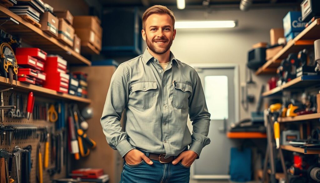 a professional door repair specialist standing confidently in a well-lit, neatly organized workshop, surrounded by an array of tools and hardware, conveying expertise and reliability; the specialist is wearing a collared shirt and jeans, projecting a professional and approachable demeanor; the background features shelves stocked with replacement parts and materials, suggesting a comprehensive service offering; the lighting is warm and slightly directional, creating a sense of depth and highlighting the specialist's face and hands as the focal points; the camera angle is slightly low, looking up at the specialist to convey authority and trustworthiness; the overall mood is one of competence, efficiency, and customer-centric service a professional door repair specialist standing confidently in a well-lit, neatly organized workshop, surrounded by an array of tools and hardware, conveying expertise and reliability; the specialist is wearing a collared shirt and jeans, projecting a professional and approachable demeanor; the background features shelves stocked with replacement parts and materials, suggesting a comprehensive service offering; the lighting is warm and slightly directional, creating a sense of depth and highlighting the specialist's face and hands as the focal points; the camera angle is slightly low, looking up at the specialist to convey authority and trustworthiness; the overall mood is one of competence, efficiency, and customer-centric service