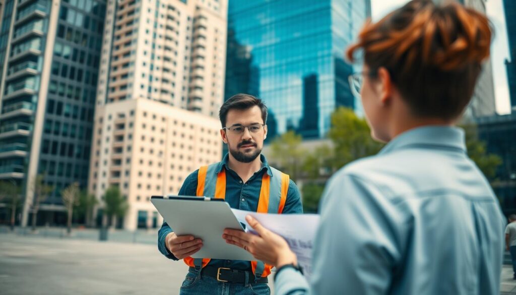 a professional handyman providing a site clearance consultation, standing in an urban setting with tall office buildings in the background, holding a clipboard and discussing plans with a client, natural lighting, wide-angle lens, subtle warm tones, a sense of productivity and collaboration a professional handyman providing a site clearance consultation, standing in an urban setting with tall office buildings in the background, holding a clipboard and discussing plans with a client, natural lighting, wide-angle lens, subtle warm tones, a sense of productivity and collaboration