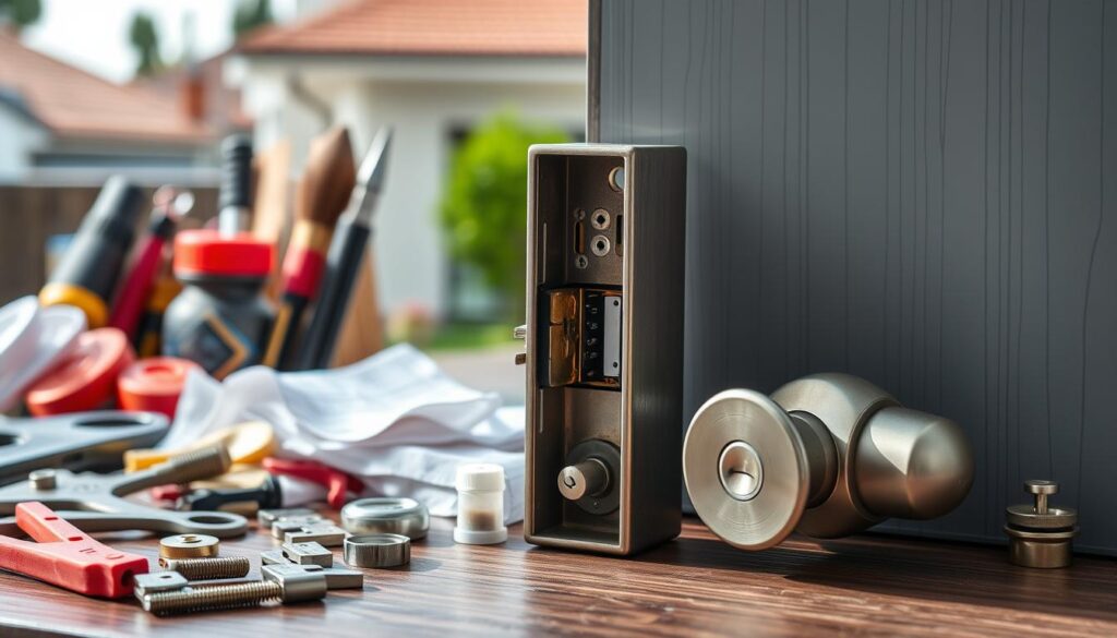 a professional, highly detailed photograph of the factors influencing door lock installation costs in Gauteng, South Africa, including a foreground display of tools and materials commonly used for lock installations, a middle ground showcasing a partially installed door lock mechanism with its internal components, and a background featuring architectural elements representative of typical Gauteng homes, all captured under natural, diffused lighting with a sharp, focused lens at a slightly elevated angle to provide a comprehensive and informative visual overview of the topic