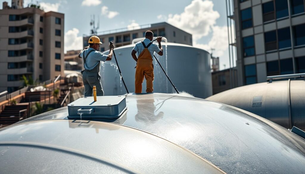 a professional, hyper-realistic image of a Jojo water tank being cleaned by a team of workers in an urban Gauteng setting. The tank is prominently featured in the foreground, gleaming with a fresh clean finish. In the middle ground, two workers in overalls are diligently scrubbing the tank's exterior using specialized cleaning tools. The background showcases a typical Gauteng cityscape, with high-rise buildings, traffic, and a cloudy, slightly hazy sky. The lighting is natural and diffused, creating soft shadows and highlights that accentuate the textures and details of the scene. The overall mood is one of efficiency and attention to detail, reflecting the professional nature of the Jojo tank cleaning service.