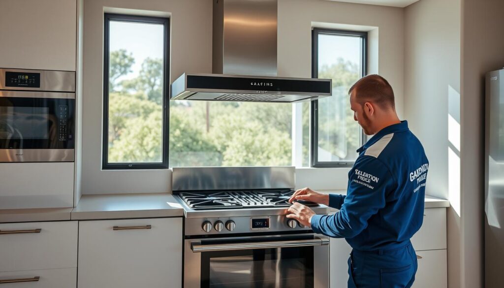 a professional stove installation service in gauteng, south africa. a skilled technician in a branded work uniform is installing a new modern gas stove in a well-appointed kitchen. natural light streams in through large windows, highlighting the clean, minimalist design. the technician is focused on the task at hand, using specialized tools with precision. the kitchen is spacious and organized, with high-end appliances and cabinetry. an atmosphere of expertise, efficiency and attention to detail pervades the scene.