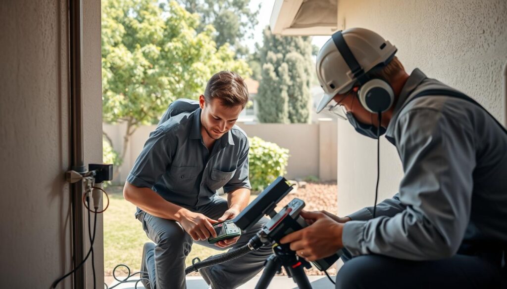 a professional team of leak detection experts conducting a comprehensive inspection of a residential property in Gauteng, South Africa. The scene depicts the technicians using advanced equipment and techniques to identify the source of a suspected water leak, with the lush greenery of the suburban landscape visible in the background. The lighting is natural, creating a warm and inviting atmosphere, and the composition emphasizes the focus and attention to detail of the professionals as they work to solve the problem and provide their clients with reliable and efficient leak detection services.