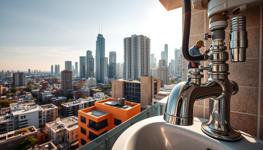 A bustling cityscape with residential and commercial buildings, showcasing the diverse plumbing services available. In the foreground, a close-up view of a residential sink installation, with a focus on the intricate piping and faucet detailing. In the middle ground, a commercial building's exterior, featuring a team of professional plumbers working on a complex piping system. The background features a panoramic view of the urban landscape, with towering skyscrapers and a clear, sunlit sky, conveying a sense of efficiency and excellence in the plumbing industry. The overall scene is captured with a cinematic wide-angle lens, creating a sense of depth and scale, while the warm, natural lighting adds a touch of professionalism and expertise.