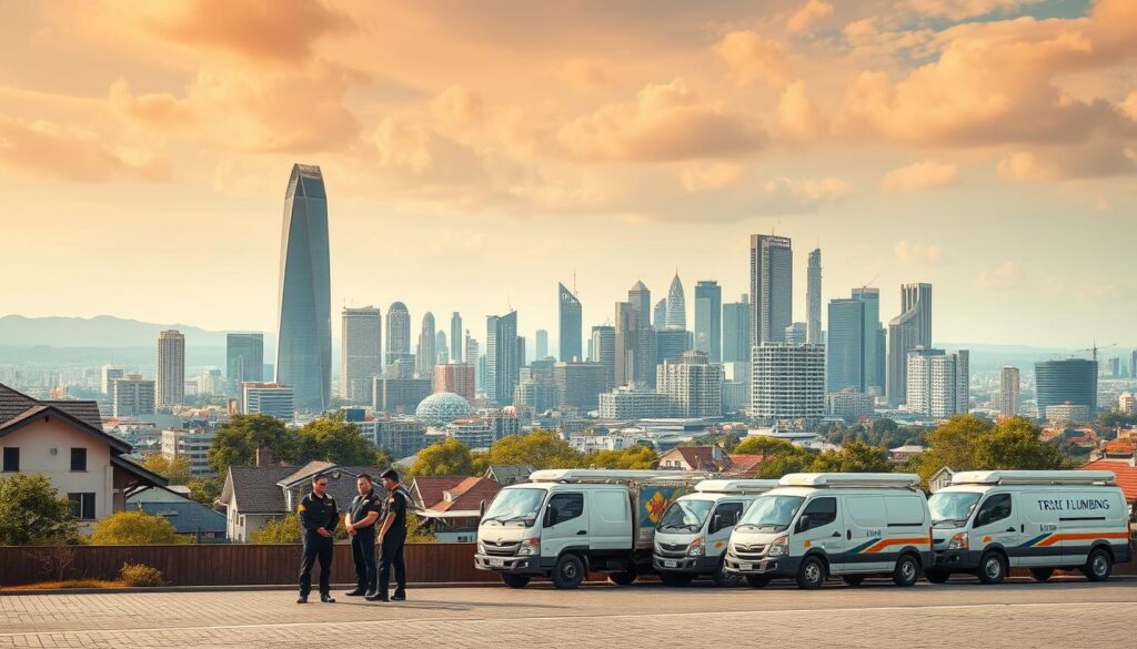 A bustling urban landscape with towering skyscrapers and modern architecture, showcasing the vibrant city of Johannesburg. In the foreground, a team of skilled plumbers in uniform attends to a residential property, working diligently to address any plumbing issues. The middle ground features a fleet of well-maintained plumbing trucks, symbolizing the efficient and reliable services available. In the background, a panoramic view of the city skyline, including the iconic landmarks of Pretoria, Sandton, and Midrand, highlighting the wide reach of these trusted plumbing services across the region. Warm, natural lighting illuminates the scene, conveying a sense of professionalism and trust.