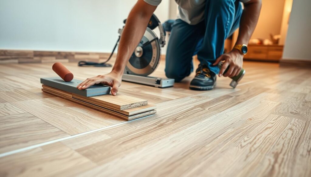 A detailed, step-by-step process of professional laminate flooring installation. In the foreground, a skilled worker carefully aligns and secures laminate planks, with specialized tools like a rubber mallet and tapping block visible. In the middle ground, the worker measures and cuts planks to fit around obstacles, using a miter saw. In the background, the newly installed laminate floor stretches out, with a warm, natural lighting illuminating the clean, seamless installation. The scene conveys a sense of expertise, precision, and attention to detail essential for a high-quality laminate floor installation.