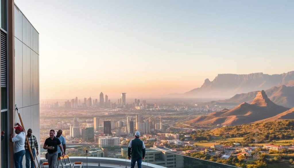 A panoramic view of South Africa's diverse landscapes, showcasing a team of skilled painters in various hospitality properties across the country. The foreground features a group of painters meticulously applying paint to the exterior of a modern, well-maintained hotel, their brushstrokes capturing the essence of their craft. In the middle ground, a bustling city skyline emerges, with towering skyscrapers and iconic landmarks of Johannesburg and Pretoria. The background paints a sweeping vista of rolling hills, lush greenery, and the unmistakable silhouette of Table Mountain, all bathed in the warm, golden glow of the sun. The scene exudes a sense of professionalism, attention to detail, and the pride of a team dedicated to enhancing the hospitality experience across South Africa.