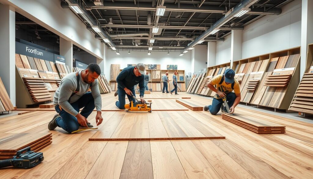 A professional flooring installation service team at work in a spacious, well-lit showroom. In the foreground, workers carefully measure and cut high-quality hardwood planks. In the middle ground, installers use specialized tools to precisely place the flooring, creating seamless patterns. The background features a range of flooring samples and displays, showcasing the expertise and comprehensive offerings of this premier flooring solutions provider. The scene conveys a sense of professionalism, attention to detail, and a commitment to delivering exceptional flooring installations across Johannesburg, Pretoria, and South Africa.