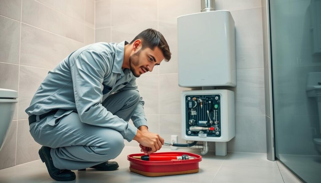 A professional geyser installation service technician in a clean uniform crouching next to a newly installed tankless water heater, examining it closely with a toolkit nearby. The scene is set in a modern, well-lit bathroom with clean, tiled walls and floors. The lighting is bright and even, highlighting the technical details of the installation process. The technician's expression conveys a sense of focused professionalism as they ensure the proper functioning of the new geyser. The overall atmosphere suggests a high-quality, reliable plumbing service equipped to handle complex installations with care and expertise.