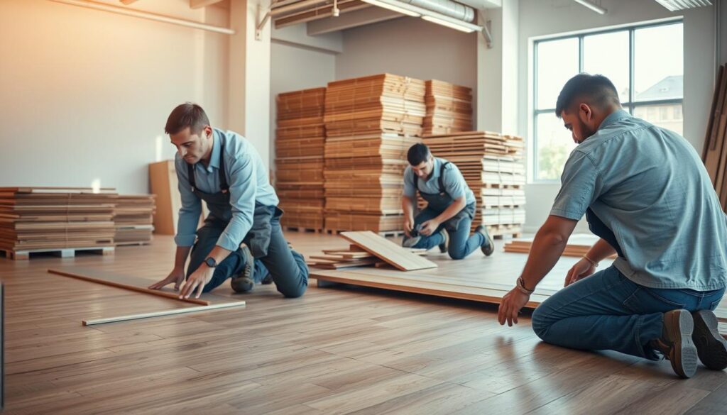 A professional-looking floor installation team at work, captured in a well-lit, spacious commercial setting. In the foreground, two skilled installers carefully lay hardwood planks, their movements precise and efficient. In the middle ground, a third installer trims and fits the flooring around obstacles, using specialized tools with practiced ease. In the background, the space is clean and organized, with stacks of flooring materials and tools neatly arranged, conveying a sense of expertise and preparation. The scene is bathed in warm, natural lighting that casts subtle shadows, highlighting the texture and quality of the materials. The overall atmosphere exudes a high level of professionalism, competence, and attention to detail.