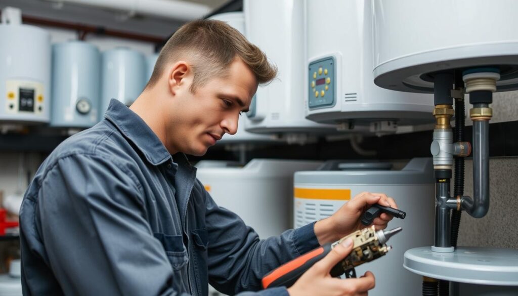 A skilled geyser repair technician diligently working on a malfunctioning water heater, with a focused expression and specialized tools in hand. The scene is set in a well-lit, organized workshop, with the technician's uniform and equipment conveying a sense of professionalism. The background showcases a range of water heater models, hinting at the technician's extensive expertise in resolving various geyser and water heater problems. The overall atmosphere exudes a sense of competence and reliability, perfectly aligning with the "Expert Solutions for All Geyser and Water Heater Problems" section title.