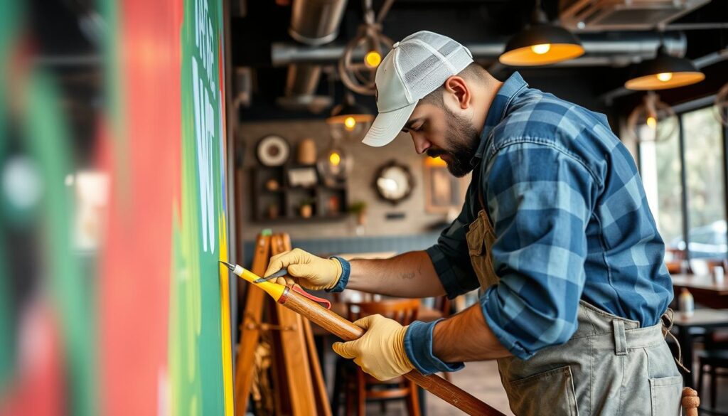 A tranquil, sunlit scene of a cozy hospitality workspace. In the foreground, an artist's hand meticulously brushes warm, earthy tones onto a canvas, capturing the essence of a welcoming restaurant interior. In the middle ground, an array of painting tools and color palettes are neatly organized, reflecting the precision and care taken in the craft. The background features large windows overlooking a lush, verdant landscape, creating a serene and inviting atmosphere. The overall composition conveys the expertise, artistry, and dedication of an independent handyman service dedicated to elevating the hospitality experience through thoughtful, high-quality painting solutions.