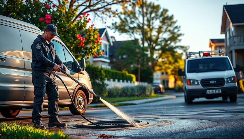 A well-equipped drain cleaning service van, pristine white in color, parked on a residential street. In the foreground, a skilled technician in a navy blue uniform expertly operates a high-pressure water jet, clearing a stubborn clog from an outdoor storm drain. Warm, natural lighting illuminates the scene, casting long shadows. In the background, lush greenery and the facades of neighboring homes suggest a peaceful, suburban setting. The overall atmosphere conveys a sense of professionalism, efficiency, and a commitment to providing comprehensive plumbing solutions.