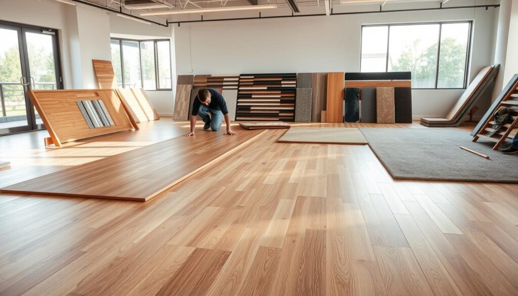 A well-lit interior space showcasing the installation of high-quality flooring materials. In the foreground, skilled workers carefully lay down a premium hardwood floor, their movements precise and efficient. In the middle ground, various flooring samples - tiles, laminates, and carpets - are neatly displayed, highlighting the range of options available. The background features a clean, modern room with large windows allowing natural light to flood the space, accentuating the beauty and craftsmanship of the flooring. The scene conveys a sense of professionalism, attention to detail, and a commitment to providing top-notch flooring solutions.