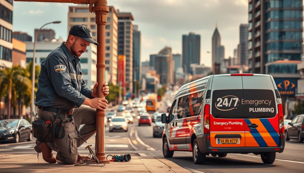 Vibrant 24/7 emergency plumbing repair services scene, set in a bustling urban environment. In the foreground, a skilled plumber in a branded uniform expertly repairs a leaking pipe, tools and equipment scattered around. Behind them, a van with the company logo prominently displayed waits to respond to the next callout. The middle ground features a busy city street, cars and pedestrians hurrying by, capturing the sense of urgency. In the background, the skyline of Johannesburg, Pretoria or Sandton rises, modern high-rises and infrastructure conveying the scale of the Gauteng region. Warm, golden lighting illuminates the scene, creating a sense of professionalism and reliability for the 24/7 emergency plumbing services on offer.